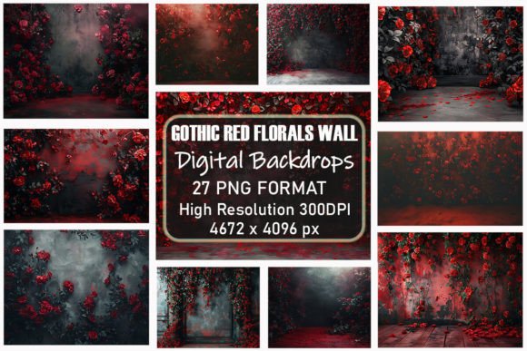 Download Gothic Red Flowers Wall Digital Backdrop - Digital backdrop Collection