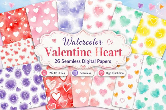 Download Watercolor Valentine Heart Digital Paper - Valentine Collection