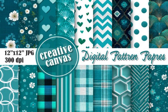 Download Teal Daisy &amp; Heart Digital Paper Bundle - Heart digital paper Collection