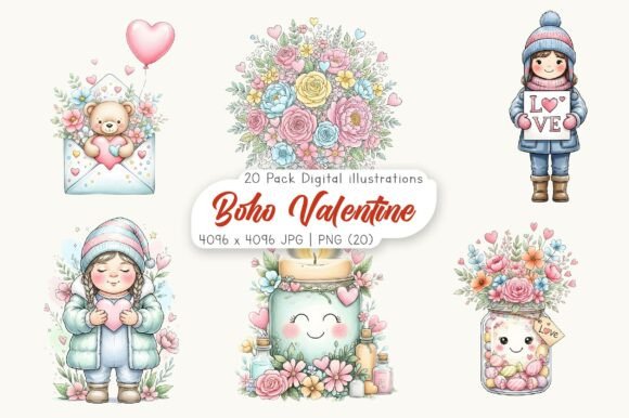 Download Whimsical Boho Valentine Clipart - Valentine Collection