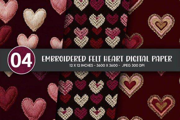 Download Embroidered Felt Heart Digital Paper - Heart digital paper Collection